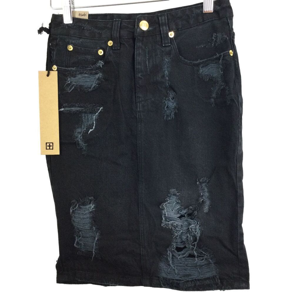 Ksubi Distressed Faded Ripped Posh Blasted Hi and Waisted Denim Skirt Black 25